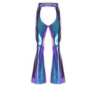 YOOJIA Adult Mens Metallic Shiny Chaps Pants 70s Disco Assless Trousers Retro Flared Leggings Blue M