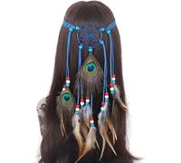 YOOJIA Boho Feather Headband Gypsy Headpiece Hippie Indian Feather Headdress Hippie Accessories For Women Blue A One Size