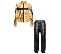 YOOJIA Boys Girls Shiny Tracksuit Jazz Hip Hop Street Dance Outfits Long Sleeve Metallic Bomber Jacket Outwear with Pants Set Gold&Black 13-14 Years
