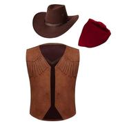 YOOJIA Cowboy Costume Set Cowboy Felt Hat Vest And Bandanna For Halloween Dress Up Party Brown&Red 13-14 Years