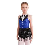 YOOJIA Girls Sequins Tassel Modern Latin Jazz Ballet Leotard Dress Tango Rumba Samba Salsa Dance Dress Performance Dancewear Blue 13-14 Years