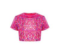 YOOJIA Girls Shiny Metallic Hip Hop Jazz Modern Ballet Dance Crop Tops Leopard Print Short Sleeve T-Shirt Dancewear Hot Pink 13-14 Years