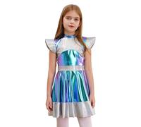 YOOJIA Kids Girls Alien Astronaut Clothes Sparkly Metallic Dance Dress Outer Space Man Halloween Robot Cosplay Outfits Silver 9-10 Years