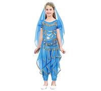 YOOJIA Kids Girls Belly Dance Costume Sequins Indian Arabian Princess Performance Outfit Crop Top Harem Pants Headscarf Set Sky Blue 9-12 Years