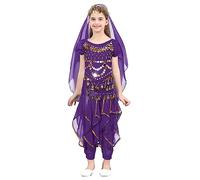 YOOJIA Kids Girls Belly Dance Costume Sequins Indian Arabian Princess Performance Outfit Crop Top Harem Pants Headscarf Set Dark Purple 7-9 Years