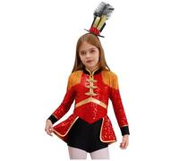 YOOJIA Kids Girls Circus Ringmaster Lion Tamer Costume Sequin Bodysuit Marching Band Drummer Outfit with Drum Team Hat Set Red A 11-12 Years