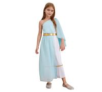 YOOJIA Kids Girls Roman Greek Toga Costume Ancient Greek Egypt Princess Dress One Shoulder Dress for Halloween Dress Up Light Blue 13-14 Years