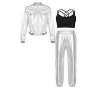 YOOJIA Kids Girls Shiny Bomber Jacket Hip Hop Street Jazz Modern Dance Outwear Sports Bra Crop Top and Pants Set Tracksuit Silver 8 Years