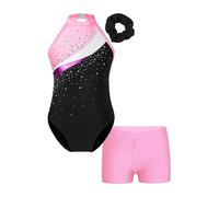 YOOJIA Kids Girls Shiny Halter Neck Gymnastics Leotard Ballet Dance Unitard Tumbling Biketard with Shorts and Hair Band Set Pink 9-10 Years