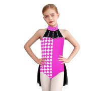 YOOJIA Kids Girls Sparkle Clown Outfit Creepy Clown Outfit Jumpsuit Carnival Fancy Party Checkered Leotard Skirt Dancewear Hot Pink 9-10 Years