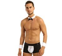 YOOJIA Men's 3Pcs Waiter Tuxedo Boxer Role Playing Bow Tie Collar and Bracelets Gentleman Cosplay Outfits Black&White Medium