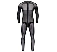 YOOJIA Men's One Piece Spandex Zipper Bodysuit Unitard Mock Neck Long Sleeve Jumpsuit Surfing Dancewear Black with Thong X-Large