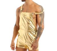 YOOJIA Men's Wet Look Wide Shoulder Straps Bib Overall Suspender Boxer Shorts Hotpants Fancy Dress Gold 3XL