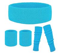 YOOJIA Retro Neon Sweatbands Set 80s 90s Outfits For Women Sports Wristband And Neon Sweat Band For Glow Party Lake Blue One Size