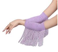 YOOJIA Sequin Rhinestones Fringe Arm Sleeves Latin Dance Fingerless Long Gloves 1920s Tassel Gloves For Women Purple One Size