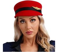YOOJIA Stewardess Hat Felt Flight Attendant Air Hostess Hats For Halloween Cosplay Costume Accessories Red 1 One Size