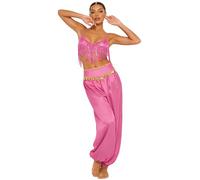 YOOJIA Women Belly Dance Bra and Dancing Skirts 2 Pcs Set Rave Outfits Oriental Bellydance Outfit Cha Cha Salsa Wear Hot Pink XL