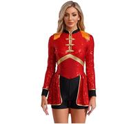 YOOJIA Women Circus Ringmaster Magician Cosplay Outfits Lions Tamer Sequins Fringe Epaulet Bodysuit Red S
