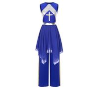 YOOJIA Women Metallic Bell Liturgical Praise Dance Outfit With Pants Lyrical Dancewear Church Costume Royal Blue M