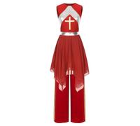 YOOJIA Women Metallic Bell Liturgical Praise Dance Outfit With Pants Lyrical Dancewear Church Costume Burgundy XL