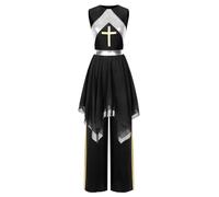 YOOJIA Women Metallic Bell Liturgical Praise Dance Outfit With Pants Lyrical Dancewear Church Costume Black M