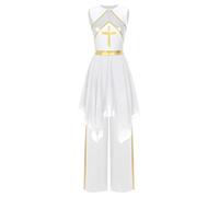 YOOJIA Women Metallic Bell Liturgical Praise Dance Outfit With Pants Lyrical Dancewear Church Costume White M