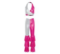 YOOJIA Womens 70s Disco Jumpsuit 1980s Outfits Flared Pants Rave Party V Neck Tops 2 Piece Costumes Silver Hot Pink S
