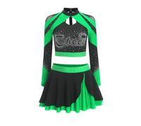 YOOJIA Womens Cheer Leader Costume Halloween Outfit Rhinestone Shiny Crop Top Set with Skating Skirts Green S