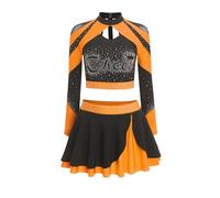 YOOJIA Womens Cheer Leader Costume Halloween Outfit Rhinestone Shiny Crop Top Set with Skating Skirts Orange XL
