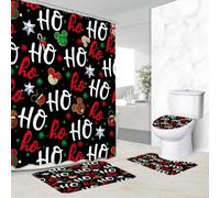 Yookeb 4PC Kids Christmas Mouse Shower Curtain Set 71W by 71H Inch Black Red Holiday Merry Xmas Lovely Girls Boys Bathroom Accessory with Rugs Toilet Lid Cover Bath Mat Polyester Home Decor