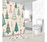 Yookeb 4PC Kids Christmas Tree Cute Shower Curtain Set 71W by 71H Inch Pink Green Holiday Xmas Pine Winter Bathroom Accessory with Rugs Toilet Lid Cover Bath Mat Polyester Home Decor