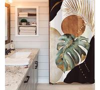 Yookeb Abstract Mid Century Stall Bathroom Shower Curtain 36W by 71H Inch Small Half Monstera Modern Plant Neutral Minimalist Brown Leaves Aesthetic Boho Polyester 12 Plastic Hooks Waterproof Decor