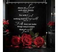 Yookeb Black Red Rose Bathroom Shower Curtain 60W by 71H Inch Christian Flower Bible Verse Scripture Botanical Inspirational Motivational Polyester Fabric 12 Plastic Hooks Waterproof Decor