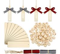Yookeer 112 Pcs Wooden Christmas Stocking Tags Kit - Blank Unfinished Name Tags for Stockings with Rope, Beads & Plaid Ribbon for DIY Xmas Decor Gift