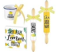 Yookeer 4 Pcs Lemon Tiered Tray Decor Fresh Lemonade Wooden Tier Decor Mini Rustic Wooden Signs Small Mug and Rolling Pins Summer Lemon Centerpiece Design for Summer Home Kitchen Decorations