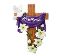 Yookeer Easter He Is Risen Hanging Decor Religious Cross Sign Wooden Easter Wreaths for Front Door Christian Flowers Lent Hanging Hanger for Farmhouse Front Porch Wall Decor