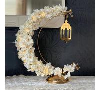 Yookeer Ramadan Decorations Eid Mubarak Table Decor Lighted Moon Shaped Wreaths with Castle for Fireplace Office Bedroom Party Supplies Muslim Party Tabletop Decor Home(Camellia)