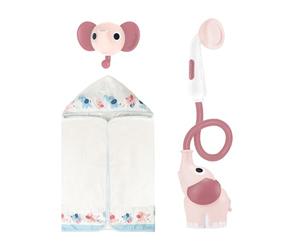 Yookidoo Baby Bath Elephant Shower Head Gift Set - Includes Hooded Towel & Hanger - Control Water from 2 Elephant Trunk Knobs for Max Fun in Tub or Sink Newborns, Toddlers, Boys, Girls (Blush Pink)