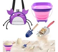 YOOLEETC 4PCS Beach Toy Mesh Shovel and Mesh Beach Bag Seashell Bag with Foldable Beach Bucket & Shovel,for Sand Filter & Collect Shells (Purple Crab