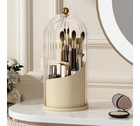 YOOLENS 360° Rotating Transparent Anti-Dust Cover Makeup Brush Holder for Vanity, Bathroom, Countertop, White Beige
