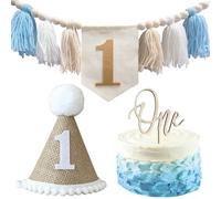 Yoolhamy 1st Birthday Banner for High Chair Boho 1st Birthday Hat Decorations Party For Baby Girl Boy Shower Crown Hats Wall Hangings Cake Topper Set (Baby Boy Blue)