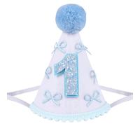 Yoolhamy 1st Birthday Hat for Baby Girls and Boys - Handmade Felt Cone First Hat with Pom Pom - One Birthday Decorations for Cake Smash, Photoshoot & Party Celebrations (Blue Bow)