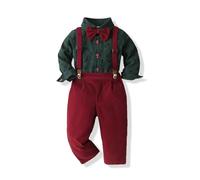 Yoolhamy Baby Boy Christmas Outfit Toddlers Xmas 4PCS Bow-tie Shirt and Suspender Pants Gentleman Set (Green Shirt + Red Pants, 6-7 Years)