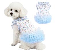 Yoolhamy Floral Tulle Dress for Small Dog Cat Summer Princess Puppy Clothes with D-Ring Ruffle Mesh Tutu Pet Skirt for Teddy Bichon Chihuahua (Blue, M)