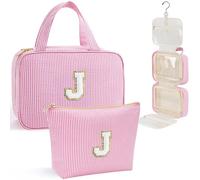 YOOLIFE Hanging Toiletry Bag for Women - Travel Toiletry Bag Makeup Bag with Initial, Personalized Birthday Gifts for Women Girls, Pink, J
