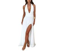 Yoolin Women Halter Deep V Neck Maxi Dress Sleeveless Backless High Side Slit Tie Back Summer Party Cocktail Dresses, White, M