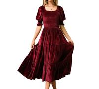 Yoolin Womens Fall Winter Velvet Dress Puff Sleeve Square Neck Smocked Tiered Ruffle A-Line Flowy Midi Dress 2023, Red, S