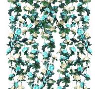 Yoolly 6 Pack 49FT Artificial Fake Rose Garland, Artificial Flower Vine Hanging Rose Garlands for Outdoor Indoor Wedding Wall Badroom Decoration (White Blue)