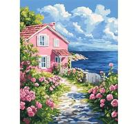 Yoonqun Paint by Numbers Seaside Cottage Blooms 8x12 inch Paint by Numbers Kits for Adults,Framed DIY Canvas Oil Painting Kit for Beginner,Acrylic Pigment Drawing Paintwork Art for Home Wall Decor