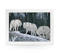 yoosh Portable Lap Desk Tray (Three White Wolves) Handmade Wooden Frame, Beanbag Cushioned Bottom | Computers, Laptops, Meals, Food | L0003 White